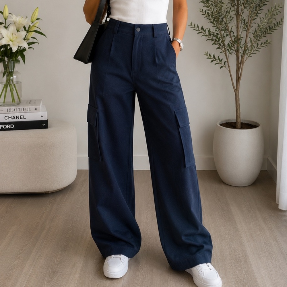 Zara Navy Blue Cargo Trousers NWT Mid-Waist Wide Leg Cotton Pants Size S
